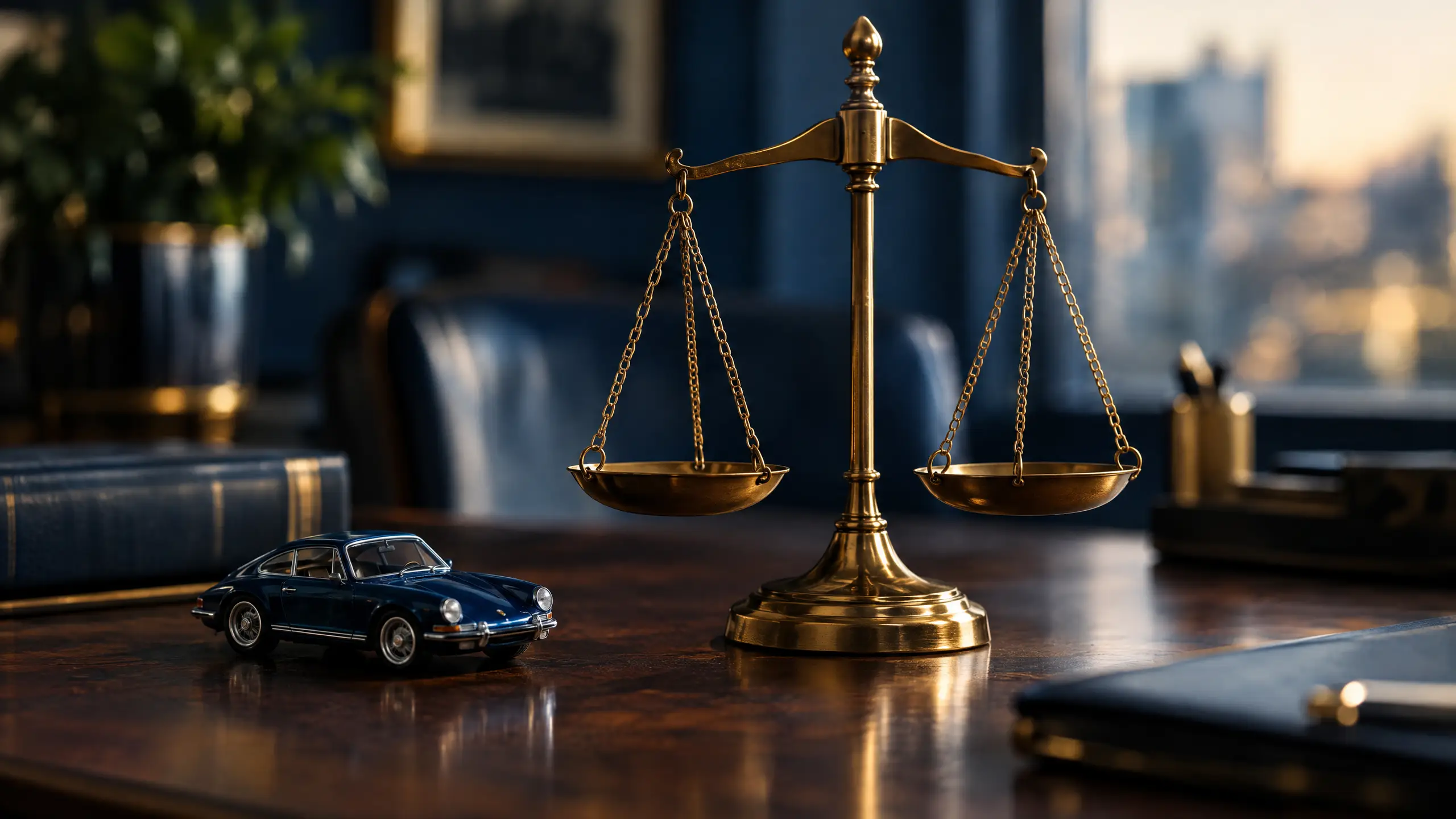 Brass scales of justice on a desk beside a small toy car