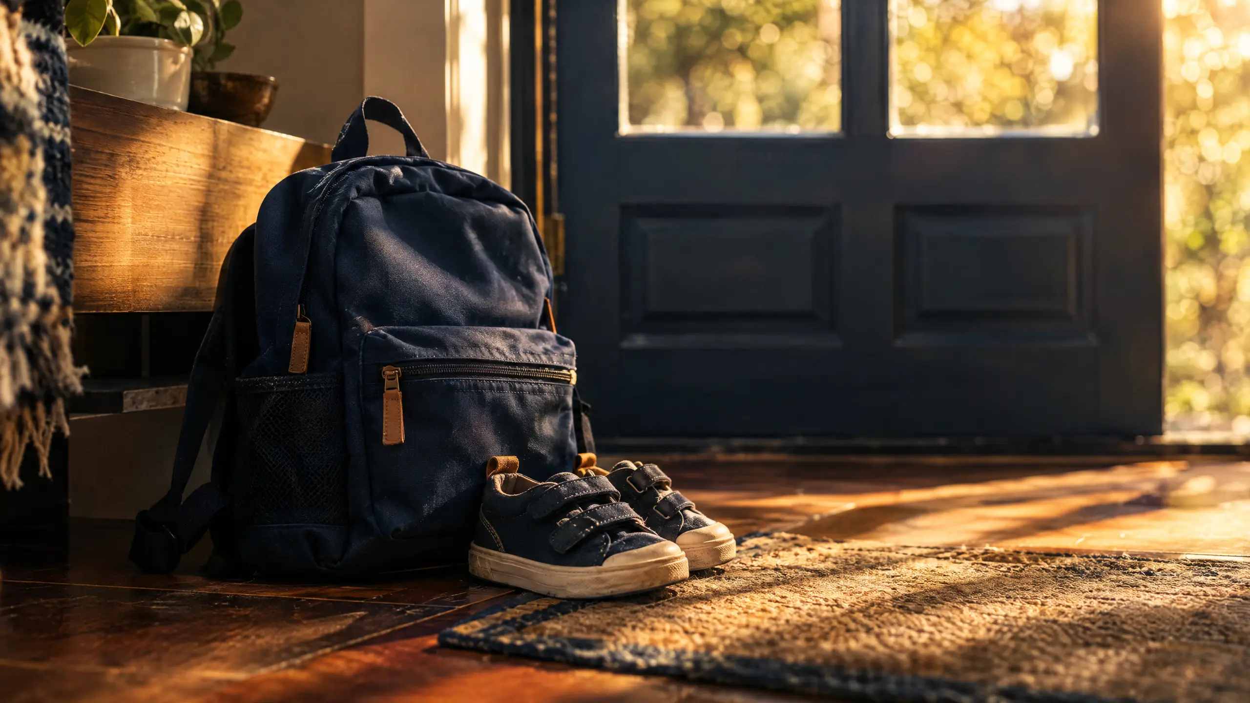 A child's backpack and sneakers by a front door in morning light