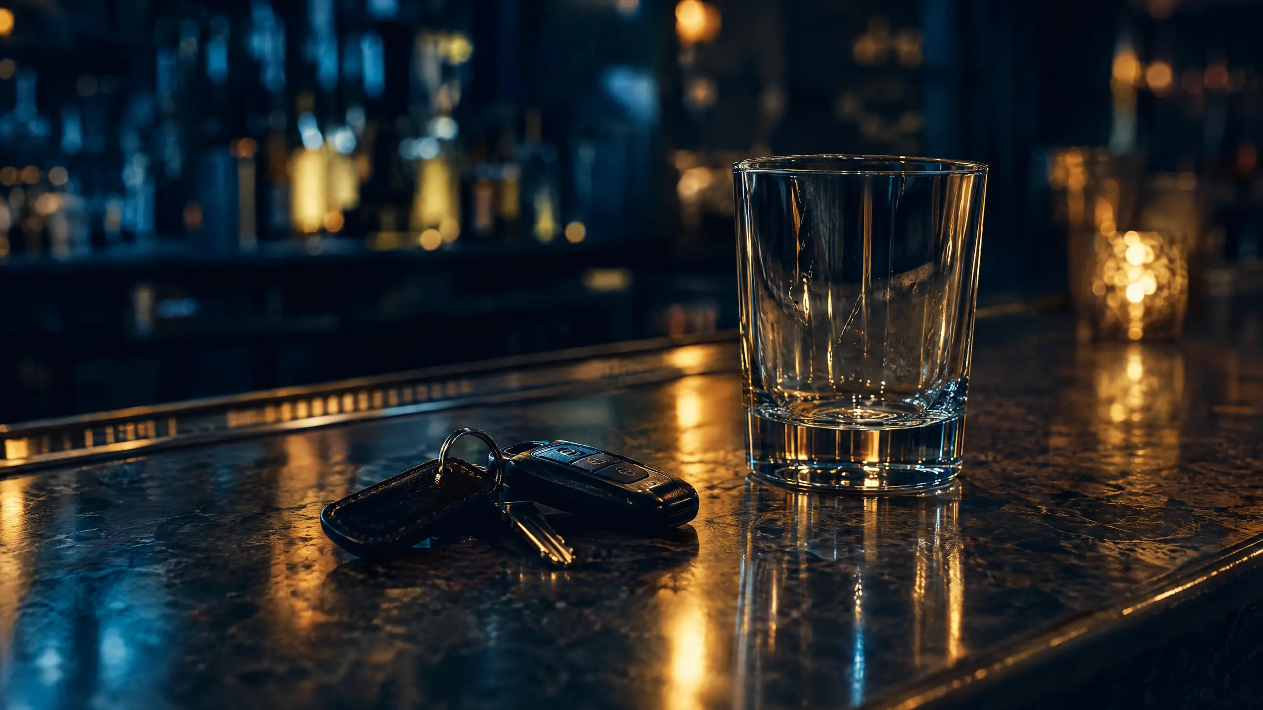 Car keys on a bar counter beside an empty glass in low light