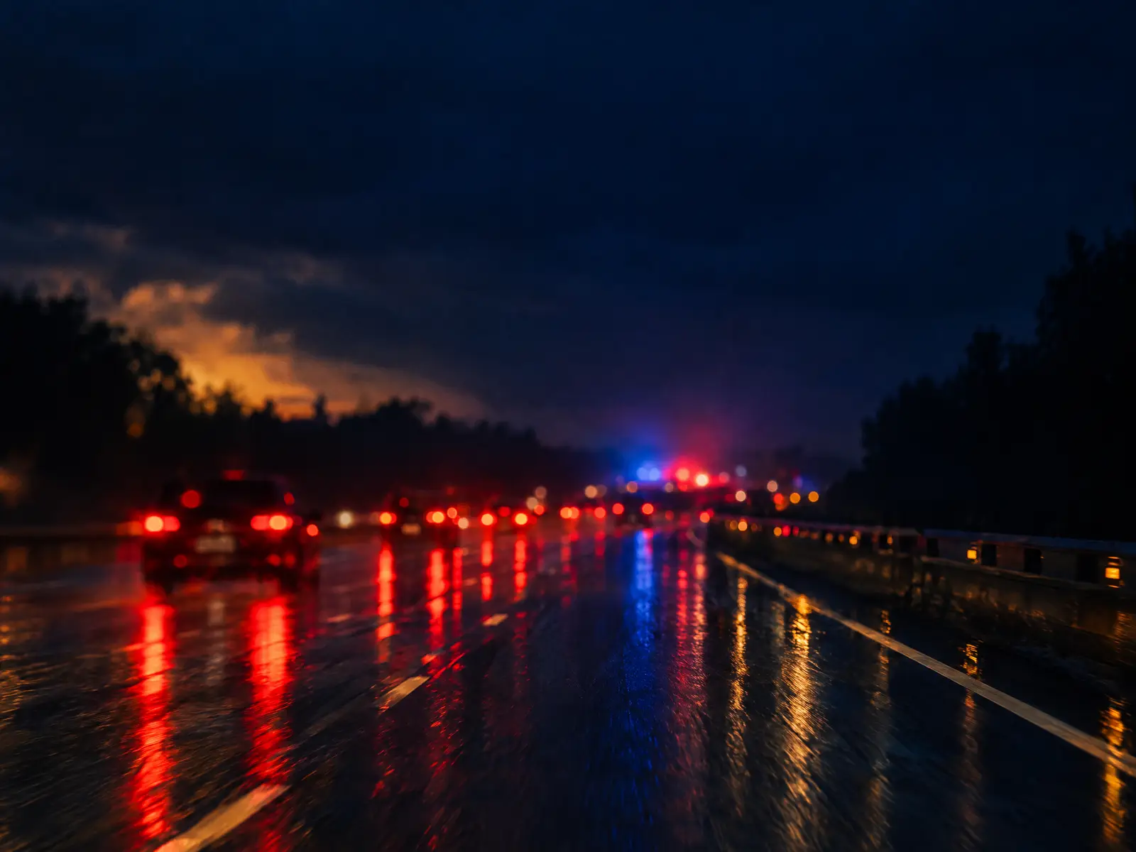 Rain-slicked highway at night with blurred red tail lights and a faint blue and red glow ahead