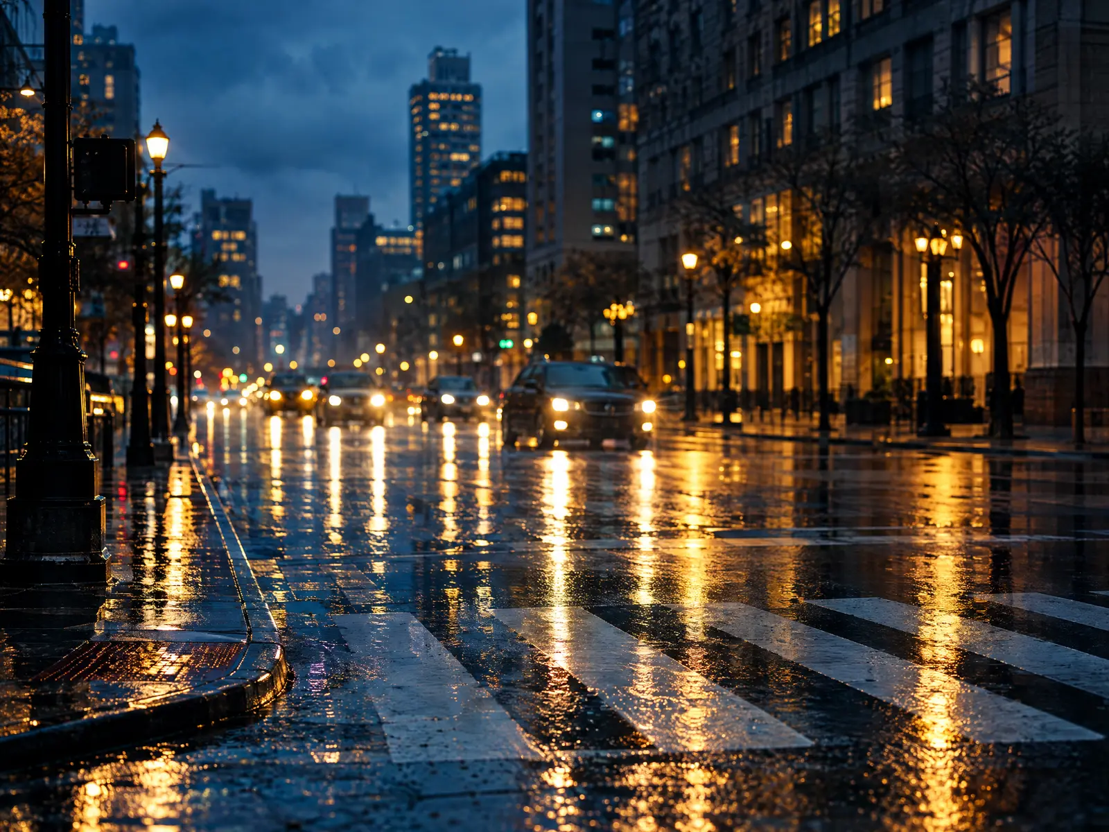 Rain-soaked city intersection and crosswalk at dusk with blurred headlights
