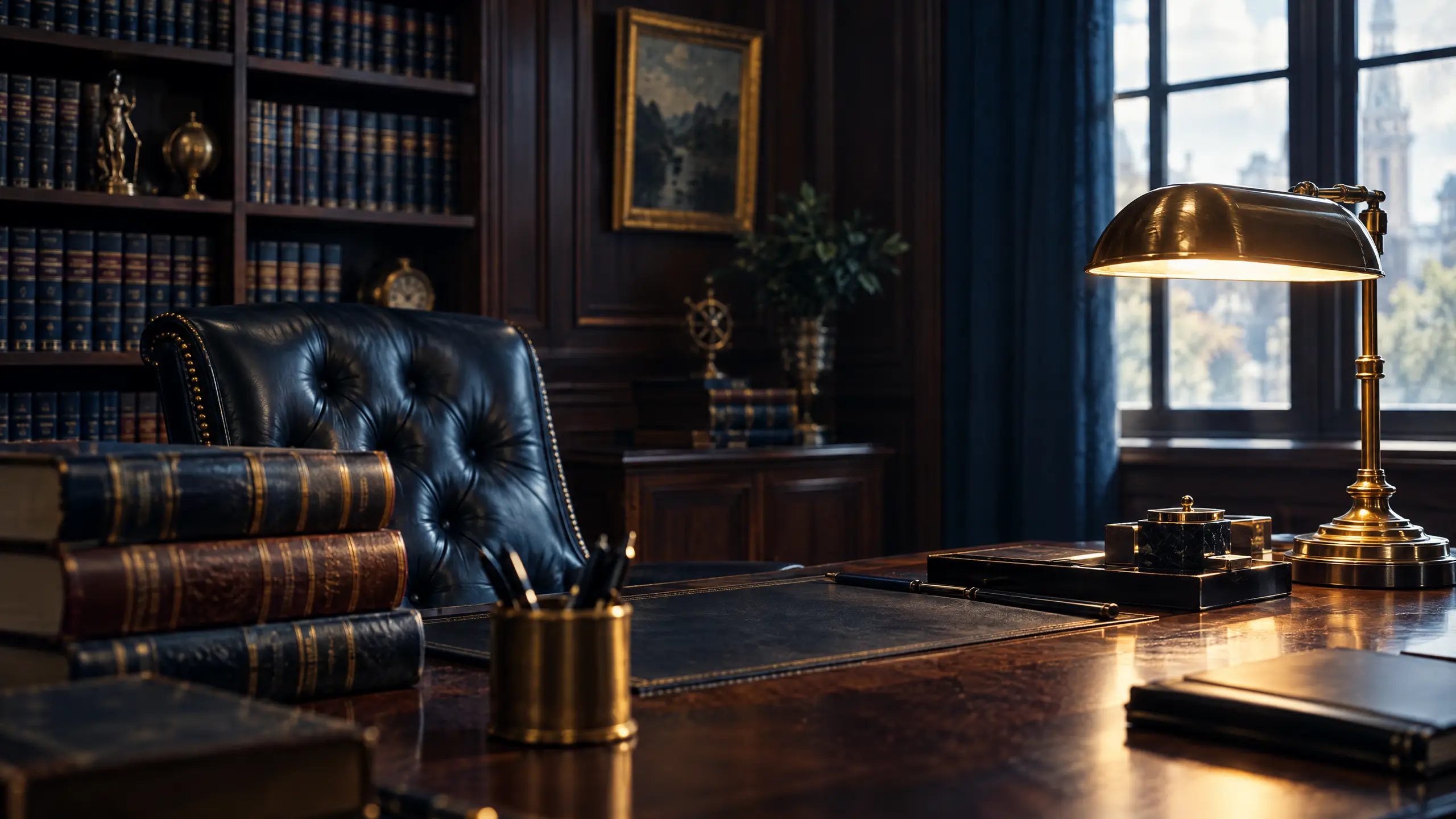 Wood-paneled law office with a leather chair, stacked law books and a glowing brass desk lamp