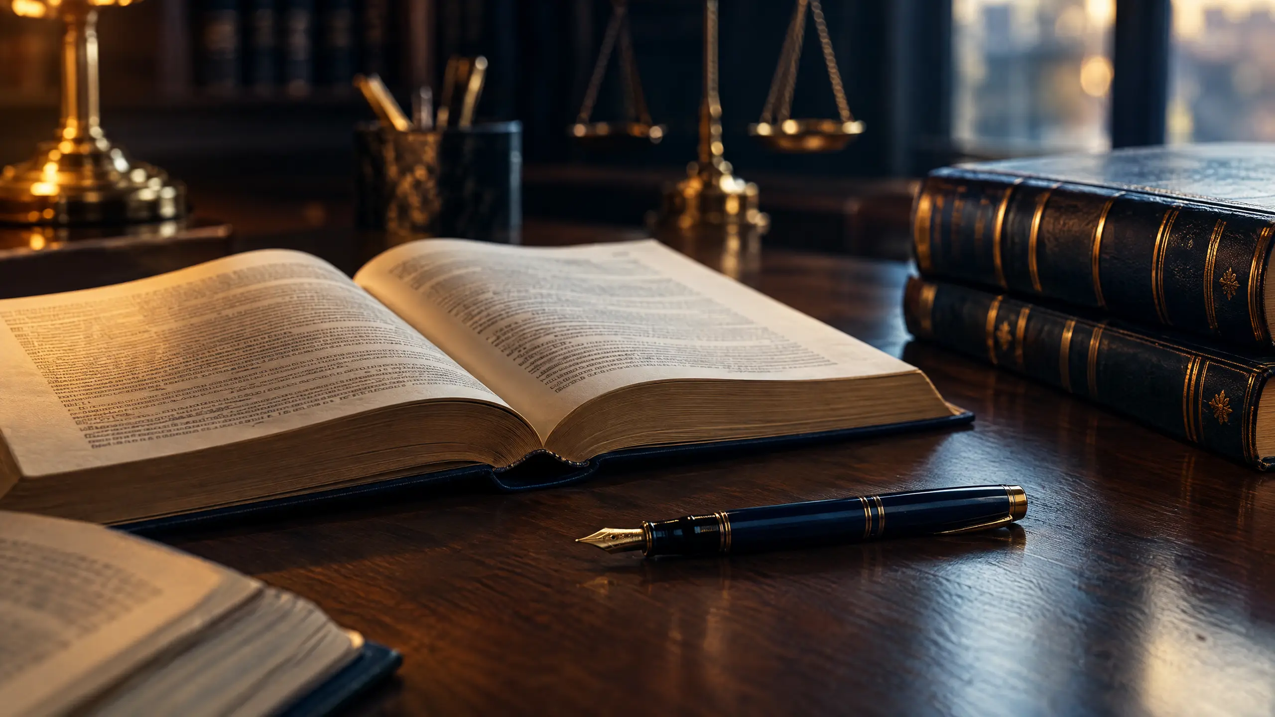 Open law books and a fountain pen on a dark walnut desk in warm light