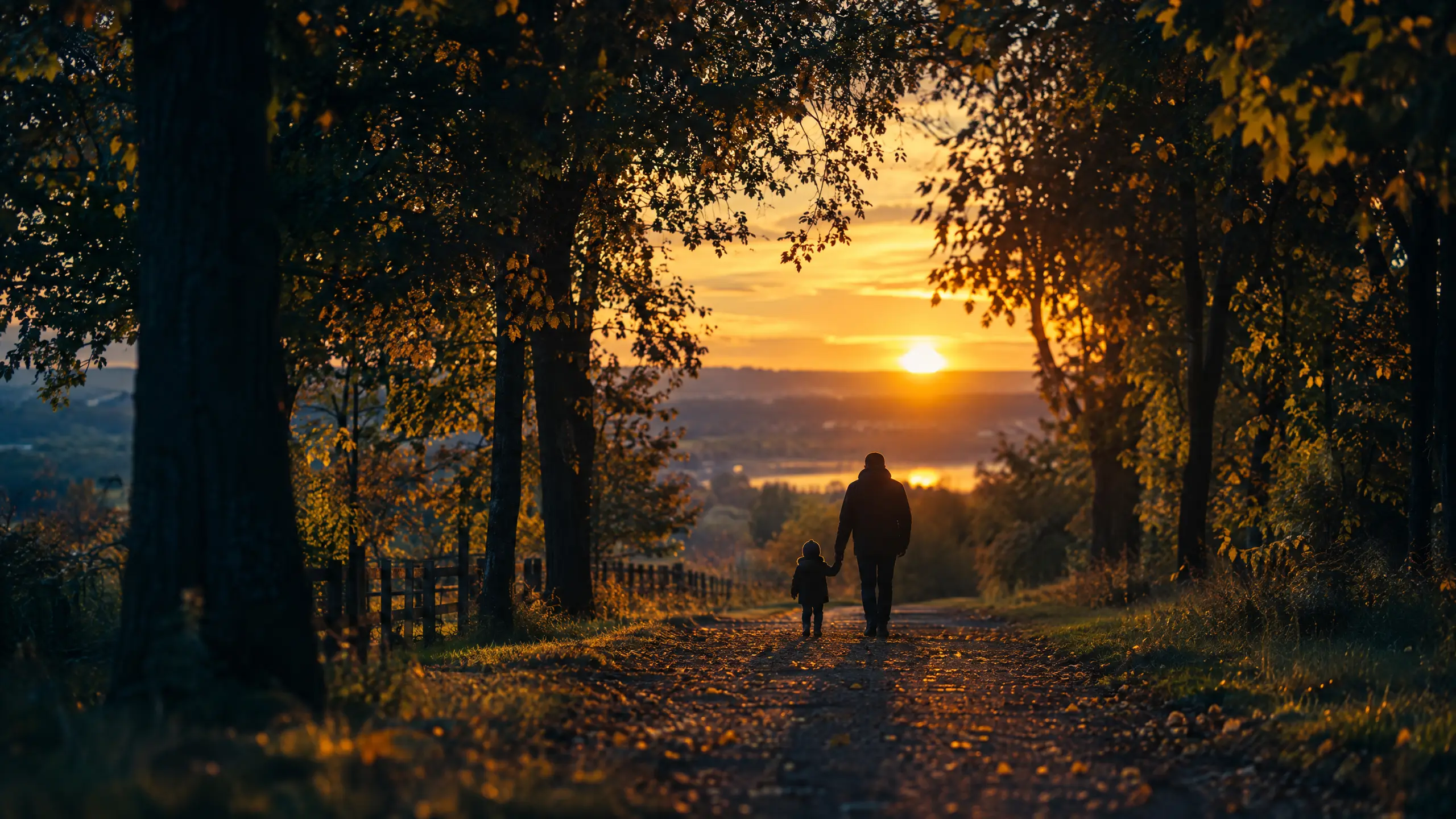 An adult and a child, seen from behind, walking hand in hand down a wooded path toward the sunset