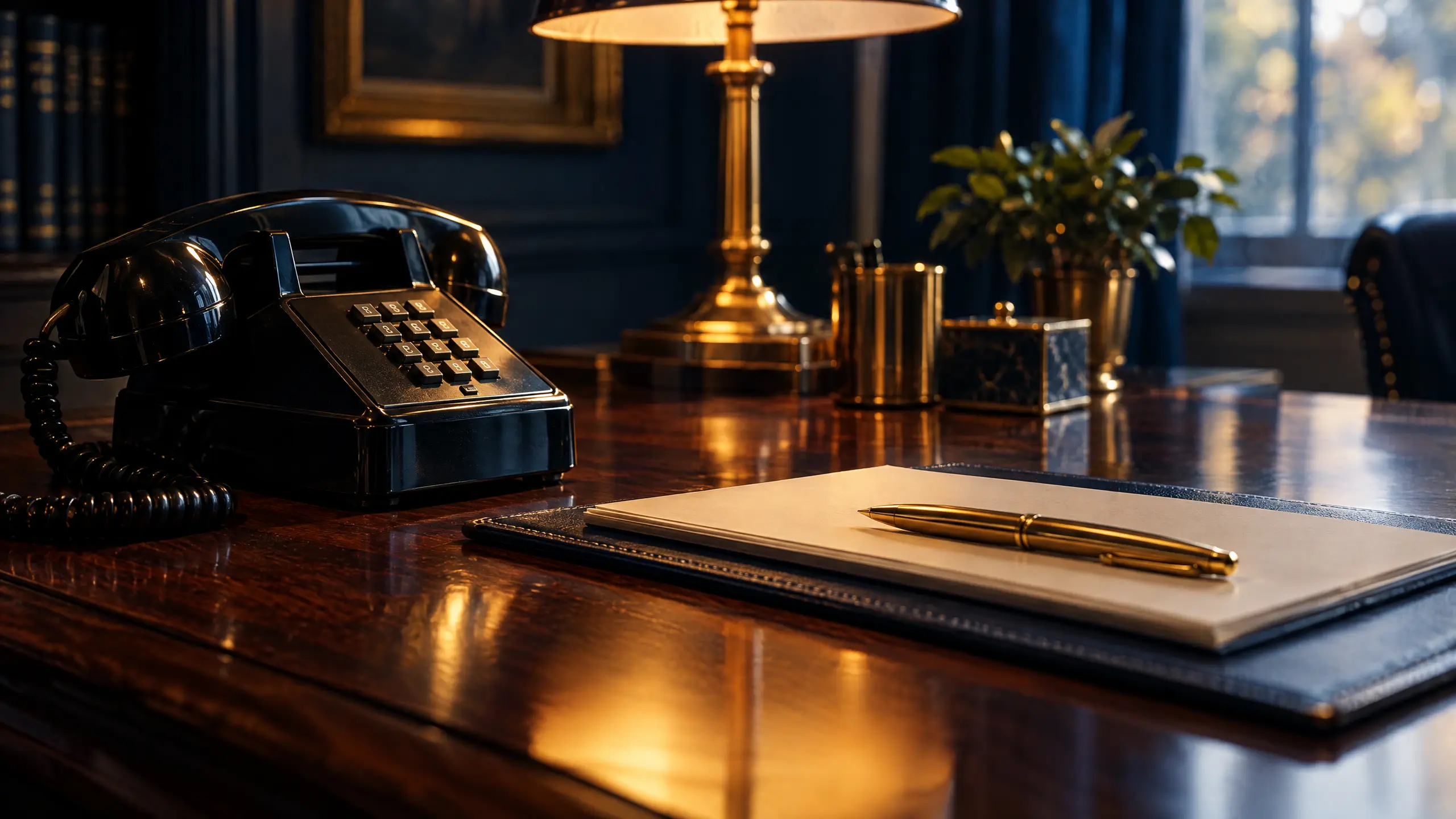 Polished wooden desk with a telephone, notepad and brass pen under warm lamp light