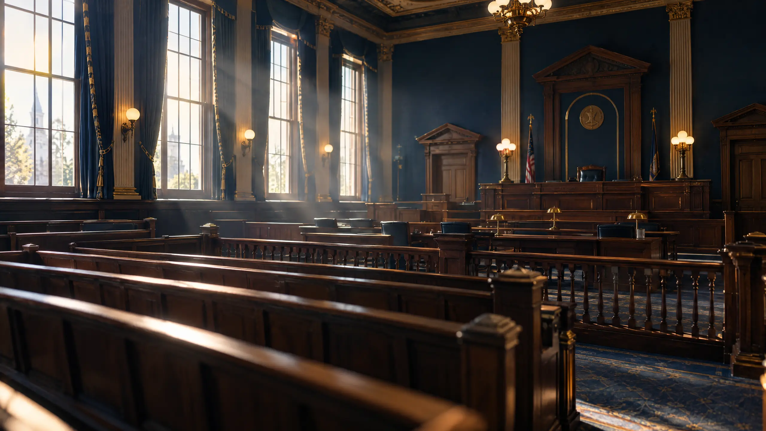 Wide view of an empty courtroom with wooden benches and light streaming through tall windows