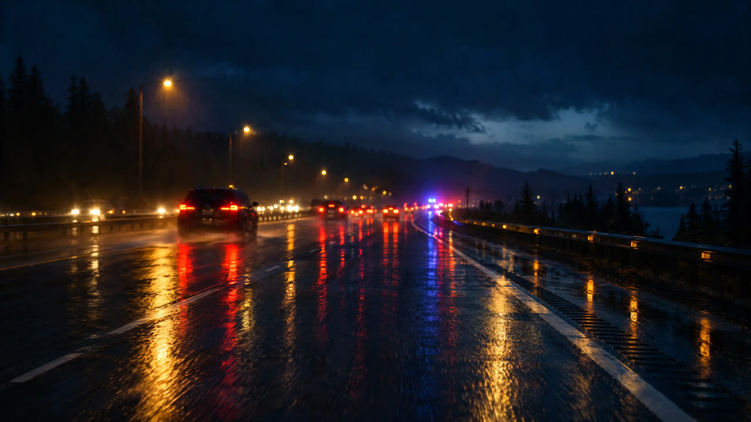 Wet highway at night with streaks of red tail lights and distant emergency lights
