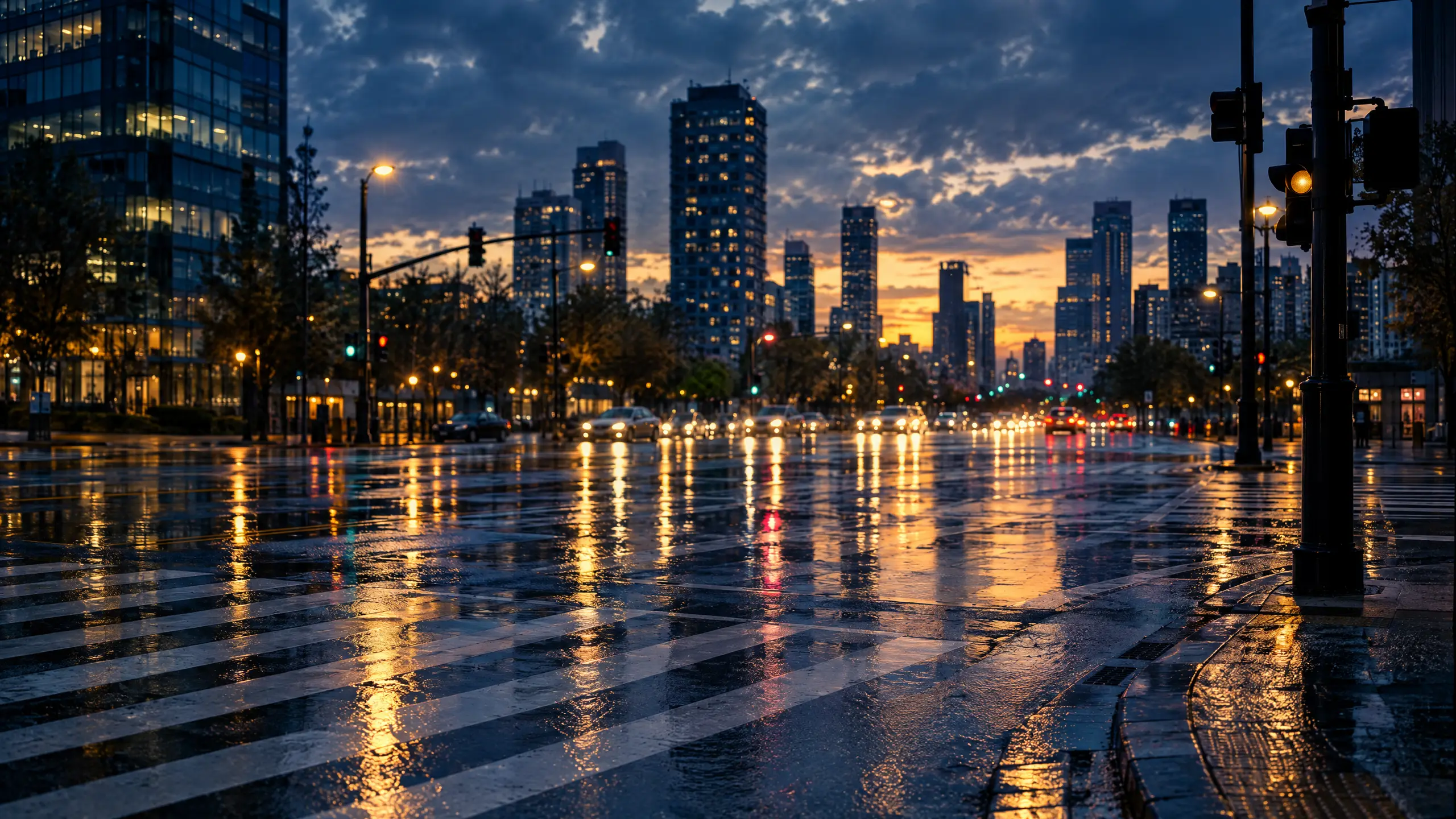 Wide view of a wet downtown intersection at dusk with headlights reflecting on the pavement