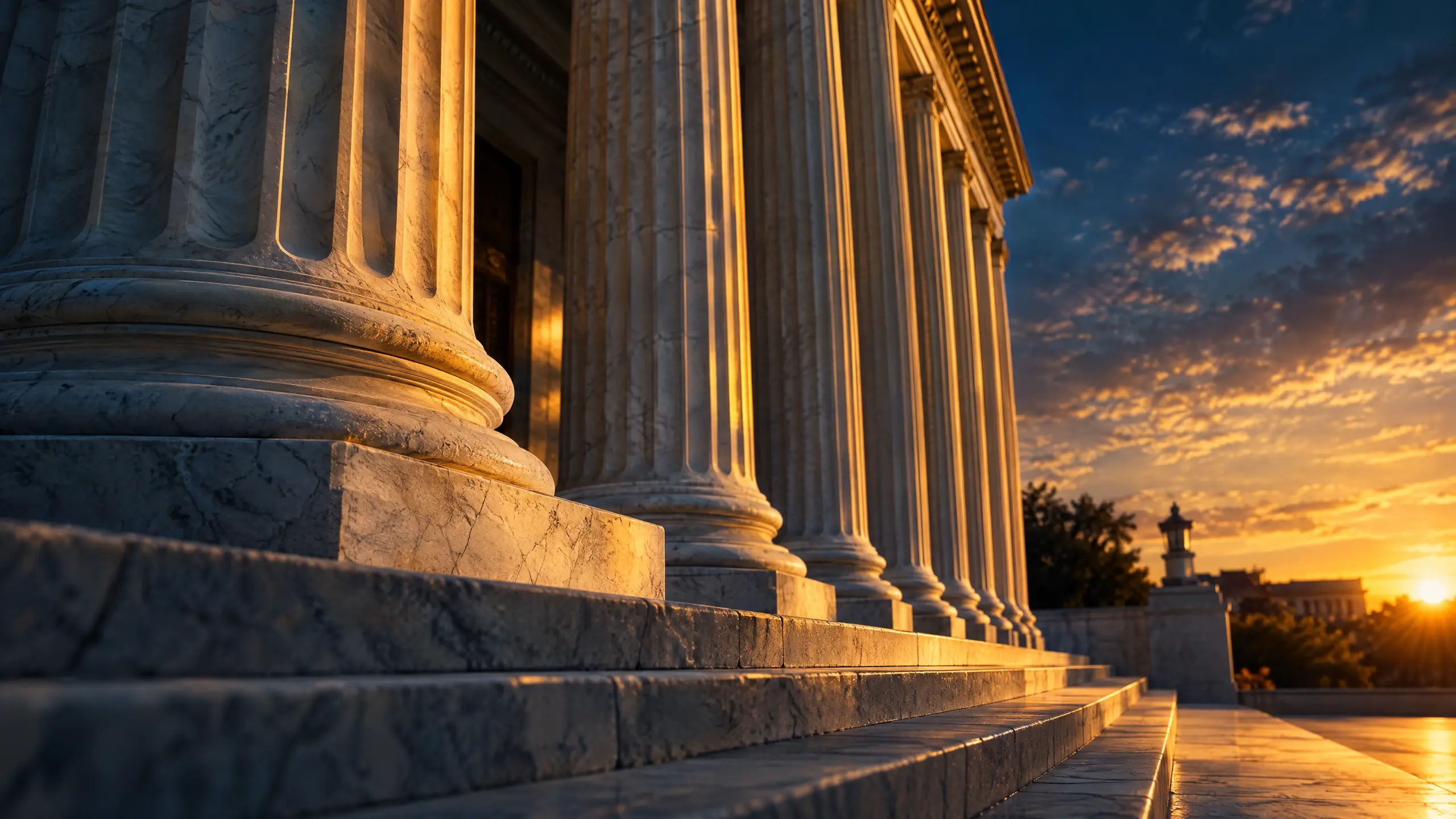 Marble courthouse columns and steps at golden hour seen from a low angle