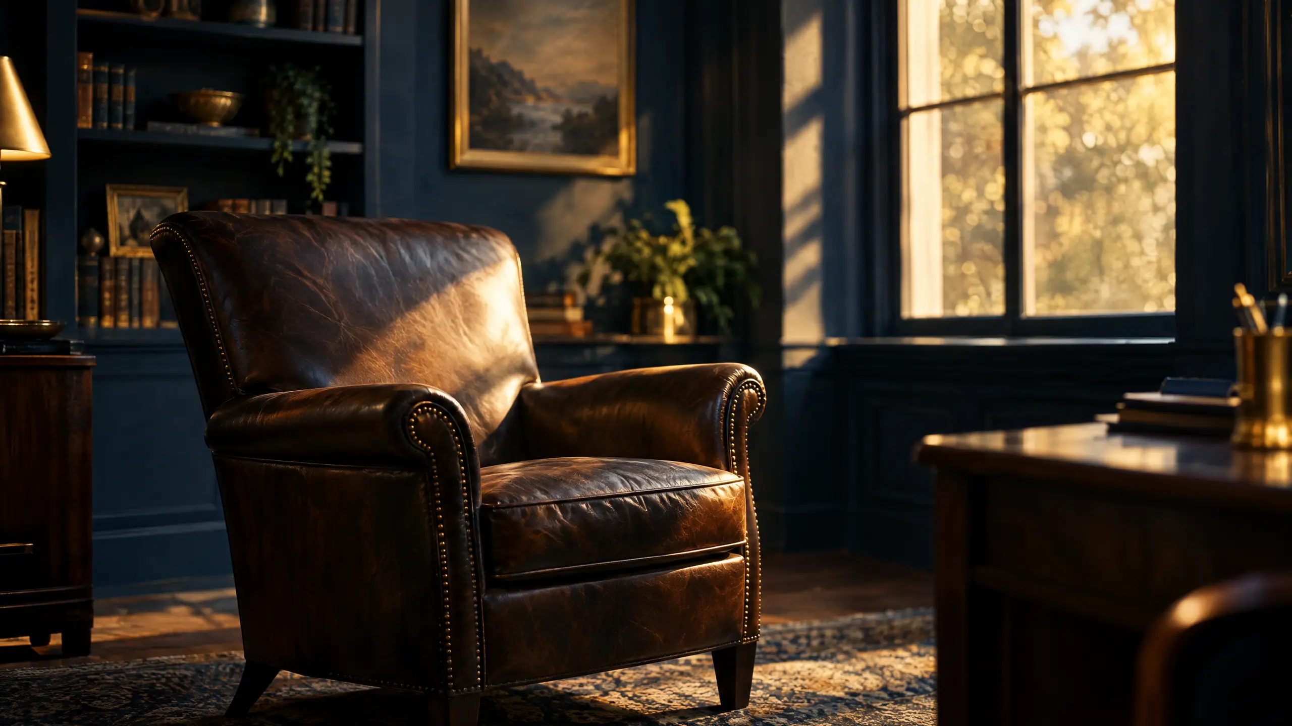 Golden window light falling on an empty leather armchair in a quiet office