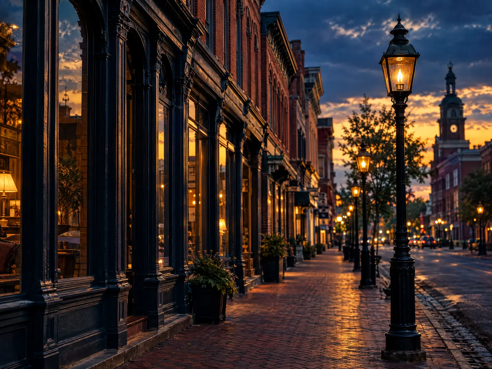 Historic brick streetscape with cast-iron storefronts and lamp posts at dusk